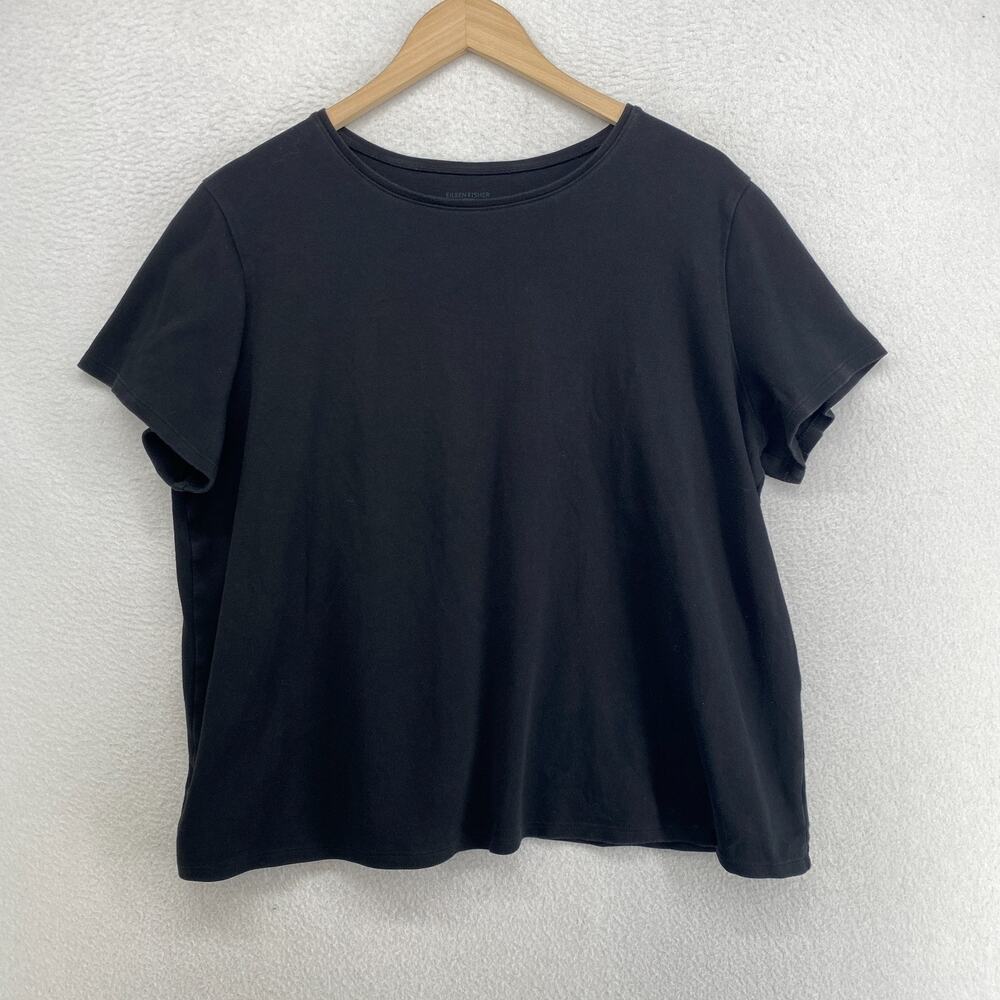 EILEEN FISHER Top 1X Cotton Interlock Jersey Crew Neck Short Sleeve Basic Black